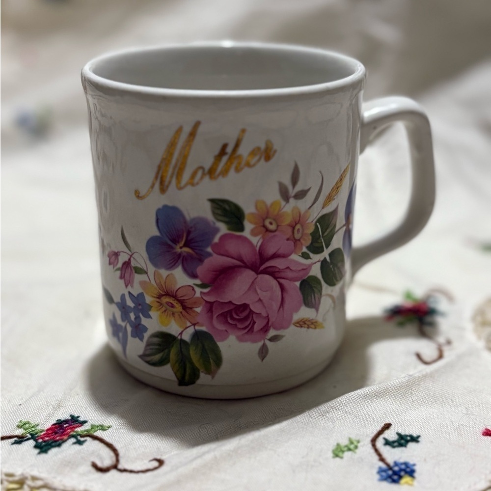 Vintage White Floral Mug with Gold Script